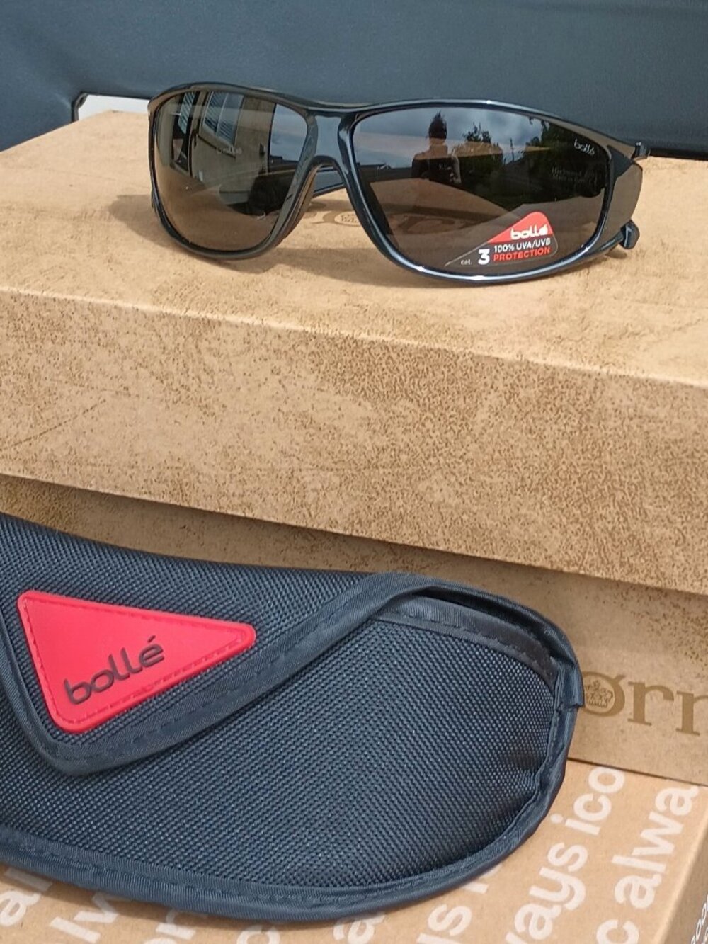 Wrap Style Sunglasses by Bolle (Highwood), black color, OS, New w/Case